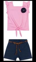 Conjunto infantil femenino de blusa com short de cinto Conjunto infantil femenino de blusa com short de cinto
