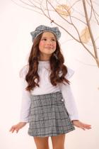 Conjunto Infantil Feminino 3 Peças Meia Estação Blusa Manga Longa Térmica, Short Saia e Boina 35RC