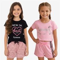 Conjunto Infantil Feminino 4 Peças 2 Blusas e 2 Shorts Verão Casual Algodão