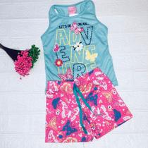 Conjunto infantil feminino adventure, blusa verde e short rosa com estampa de borboletas