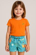 Conjunto Infantil Feminino Blusa Algodão Laranja e Short Estampado Só Ame Tamanhos 4 ao 10 Anos