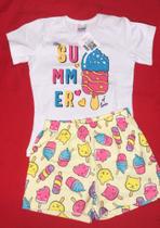 Conjunto infantil feminino blusa branca com short Estampado tam. 8 anos