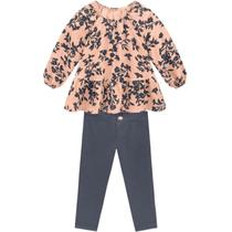 Conjunto Infantil Feminino Blusa Manga Longa Rosê Gaze Calça Legging Milon Cinza Flores