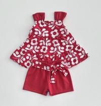 Conjunto Infantil Feminino Blusa Vermelha Floral com Babados e Shorts Vermelho Algodão Confortável Verão Menina Moda Kid