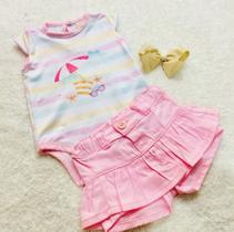 Conjunto infantil feminino - body e shorts em sarja cor rosa - amarelo marca bela fase moda bebê