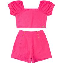 Conjunto infantil feminino chic blusa cropped + shorts laise com forro cor pink tamanho 4 ao 10