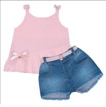 Conjunto Infantil Feminino com Alças Bermuda Jeans e Cintinho PopStar Conjunto Infantil Feminino com Alças Bermuda Jeans e Cintinho PopStar