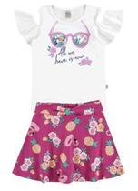 Conjunto Infantil feminino com blusa em cotton e short/saia em cotton e meia malha com estampa tropical 42687