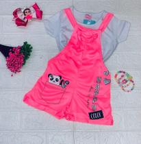 Conjunto infantil feminino happy Collor, blusa branca + macacão rosa