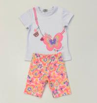 Conjunto Infantil Feminino Infanti Blusa Borboleta e Shorts Ciclista Floral Colorida Moda Kids Verão Conjunto Infantil Feminino Infanti Blusa Borboleta e Shorts Ciclista Floral Colorida Moda Kids Verão
