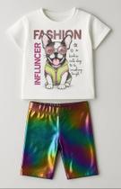 Conjunto Infantil Feminino Influencer Kukiê Verão Com Blusa Alongada E Ciclista Metalizada 88394