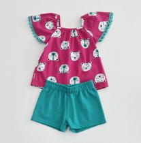 Conjunto Infantil Feminino Kyly Blusa Rosa Ursinhos Manga com Pompons Shorts Verde Menina Moda Kids Verão Conforto