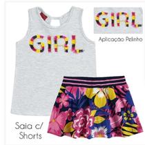 Conjunto Infantil Feminino Kylyé composto por Blusa e Short-Saia emMeia Malha. Conjunto Infantil Feminino Kylyé composto por Blusa e Short-Saia emMeia Malha.