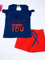 Conjunto infantil feminino Life is cool, blusa azul e short vermelho