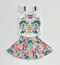 Conjunto Infantil Feminino Nanai Blusa Bordada Borboleta Abacaxi e Saia Estampada Tropical Colorida Verão Menina Moda Ki