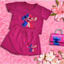 Conjunto Infantil Feminino Shorts Saia e Blusa com Estampa de Stitch Moda Blogueira para Crianças Conjunto Infantil Feminino Shorts Saia e Blusa com Estampa de Stitch Moda Blogueira para Crianças