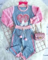 Conjunto Infantil Feminino Ursinho Love Moda Inverno de Calça e Blusa