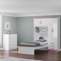 Conjunto Infantil Guarda-Roupa com cama Lisboa 4 Portas e 3 Gavetas com Cômoda Carla 4 Gavetas Branco/Rosa