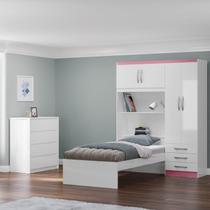 Conjunto Infantil Guarda-Roupa com Cama Lisboa 4 Portas e 3 Gavetas com Cômoda Carla 4 Gavetas Branco/Rosa Conjunto Infantil Guarda-Roupa com Cama Lisboa 4 Portas e 3 Gavetas com Cômoda Carla 4 Gavetas Branco/Rosa