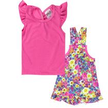 Conjunto Infantil Jardineira Floral Meninas Verão Pink