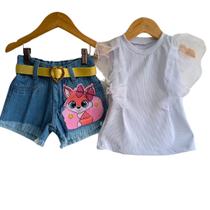 Conjunto Infantil Jeans Infantil Meninas-Short+Cinto+Blusinha Manga Tule- Festas-Natal-Ano Novo- Manu - Conjunto Infantil Jeans Infantil Meninas-Short+Cinto+Blusinha Manga Tule- Festas-Natal-Ano Novo- Manu -