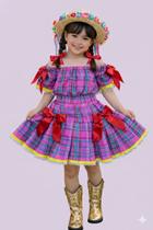 Conjunto Infantil Junino Ciganinha Rosa Chiclete Xadrez Colorido