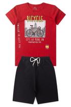 Conjunto Infantil Juvenil Menino Verão Camiseta Bicicleta Meia Malha Bermuda Moletinho Confortável