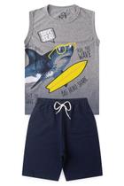 Conjunto Infantil Juvenil Menino Verão Regata Tubarão Meia Malha Bermuda Moletinho com Elástico Confortável