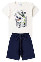 Conjunto Infantil Juvenil Verão Menino Masculino Camiseta Dinossauro Manga Curta 100 Algodão Bermuda Moletinho