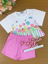 Conjunto Infantil Kukie Alecrim Verão Com Shorts e Blusa Floresta Rosa