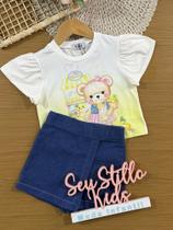Conjunto Infantil Kukiê com Shorts Saia Jeans e Blusa Manga Curta Ursinha Conjunto Infantil Kukiê com Shorts Saia Jeans e Blusa Manga Curta Ursinha