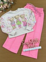 Conjunto Infantil Kukie Inverno Calça Wide Leg Rosa Casaco Ursinhos