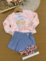 Conjunto Infantil Kukiê Inverno com Shorts Saia Jeans e Blusa Manga Longa Rosa Ursinhas
