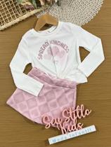 Conjunto Infantil Kukiê Inverno com Shorts Saia Rosa e Blusa Manga Longa Branca Corações