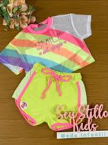 Conjunto Infantil Kukie Tropical Shorts, Top e Sobreposição Smile