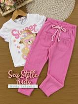 Conjunto Infantil Kukiê Verão com Calça Rosa e Blusa Branca Ursinha Sweet