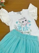 Conjunto Infantil Kukie Verão Com Saia e Blusa Gatinha Azul