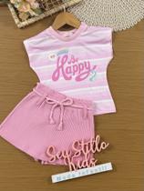 Conjunto Infantil Kukiê Verão com Short-Saia e Blusa Rosa Be Happy Conjunto Infantil Kukiê Verão com Short-Saia e Blusa Rosa Be Happy