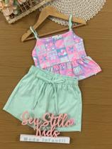 Conjunto Infantil Kukiê Verão com Shorts Azul e Blusa Estampada