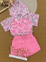 Conjunto Infantil Kukiê Verão com Shorts, Cropped Rosa e Sobreposição em Tule Borboleta