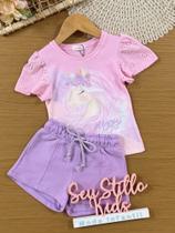 Conjunto Infantil Kukiê Verão com Shorts Lilás e Blusa Rosa Unicórnio