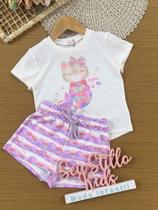 Conjunto Infantil Kukiê Verão com Shorts Listrado e Blusa Branca Gatinha Sereia Conjunto Infantil Kukiê Verão com Shorts Listrado e Blusa Branca Gatinha Sereia