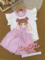 Conjunto Infantil Kukiê Verão com Shorts Rosa Listrado e Blusa Branca Menina Arco-íris
