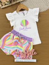Conjunto Infantil Kukiê Verão com Shorts Saia Colorido e Blusa Branca Concha