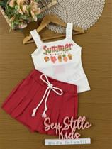Conjunto Infantil Kukiê Verão com Shorts Saia Vermelha e Blusa Branca Summer