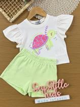 Conjunto Infantil Kukiê Verão com Shorts Verde e Blusa Branca Tartaruga Conjunto Infantil Kukiê Verão com Shorts Verde e Blusa Branca Tartaruga