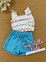 Conjunto Infantil Kukie Verão Shorts Azul e Cropped Listras Conjunto Infantil Kukie Verão Shorts Azul e Cropped Listras