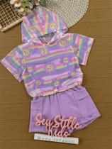 Conjunto Infantil Kukiê Verão Shorts e Top Lilás com Sobreposição Florzinhas Conjunto Infantil Kukiê Verão Shorts e Top Lilás com Sobreposição Florzinhas