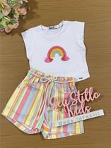 Conjunto Infantil Kukie Verão Shorts Listrado e Blusa Arco-íris