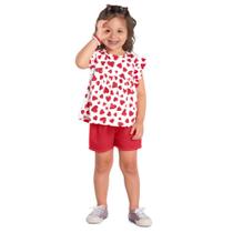 Conjunto Infantil Kyly Blusa Algodão Shorts Moletinho Branco/Vermelho